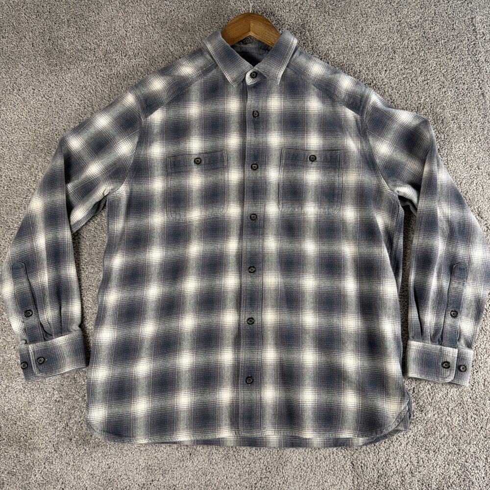 Orvis Flannel Shirt Mens L Gray Blue Plaid Active Fit 100% Cotton Gorpcore Camp